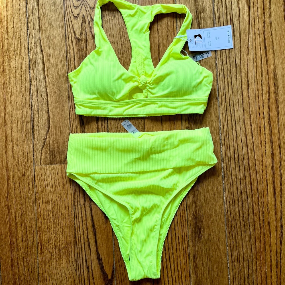 NWT MISMATCHED TiniBikini Front-Tie Neon Yellow Bikini, Top XS Bottom S